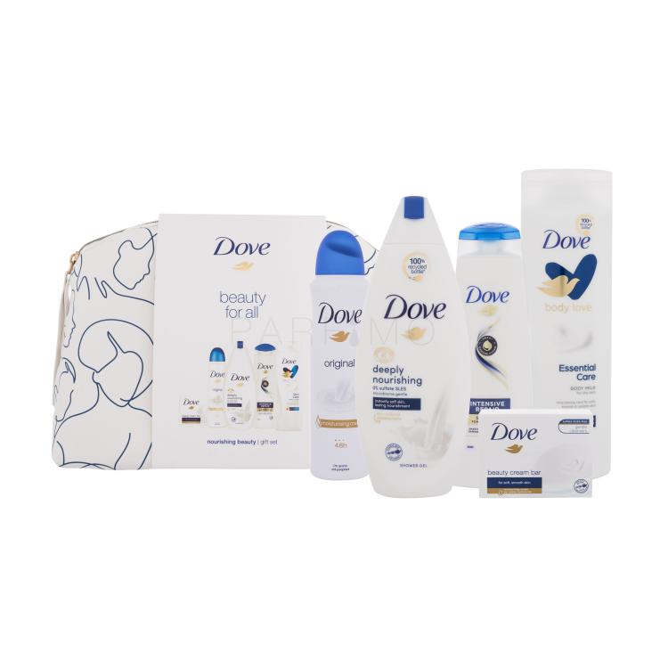Dove Beauty For All Nourishing Beauty Darilni set antiperspirant 150 ml + gel za prhane 250 ml + mleko za telo 250 ml + šampon 250 ml + trdo milo 100 g + kozmetična torbica