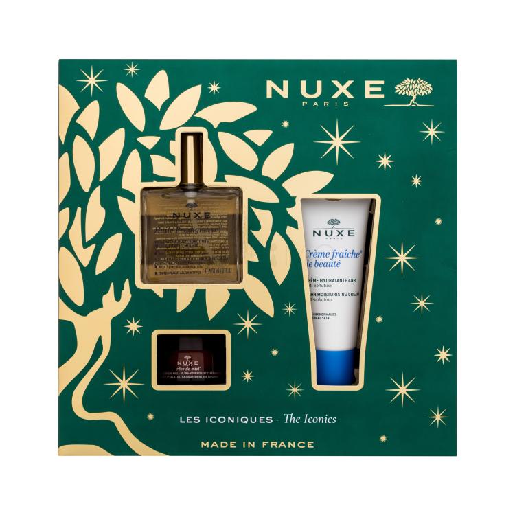 NUXE The Iconics Darilni set suho olje Huile Prodigieuse 50 ml + dnevna krema za obraz Créme Fraiche de Beauté 30 ml + balzam za ustnice Reve de Miel Honey 15 g