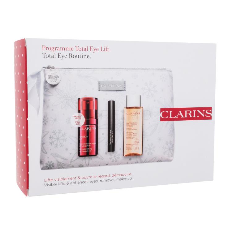 Clarins Total Eye Lift Set Darilni set serum za područje okoli oči Total Eye Lift 15 ml + maskara Wonder Perfect Mascara 4D 3 ml 01 Perfect Black + micelarna vodica Cleansing Micellar Water 50 ml + kozmetična torbica