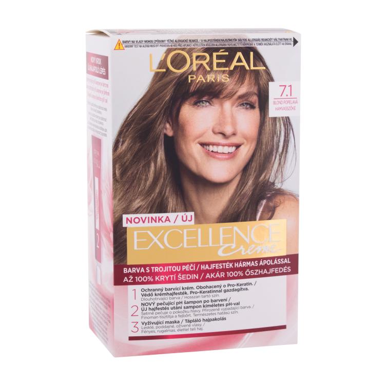 L&#039;Oréal Paris Excellence Creme Triple Protection Barva za lase za ženske 48 ml Odtenek 7,1 Natural Ash Blonde poškodovana škatla