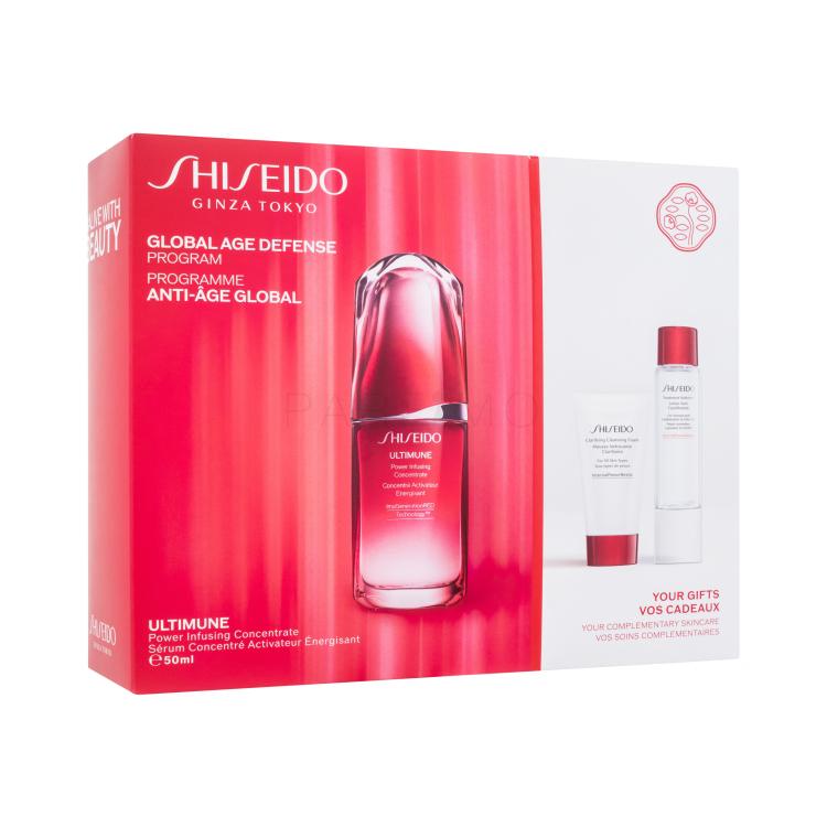 Shiseido Ultimune Global Age Defense Program Darilni set serum za obraz Ultimune Power Infusing Concentrate 50 ml + čistilna pena Clarifying Cleansing Foam 30 ml + vodica za obraz Treatment Softener 30 ml