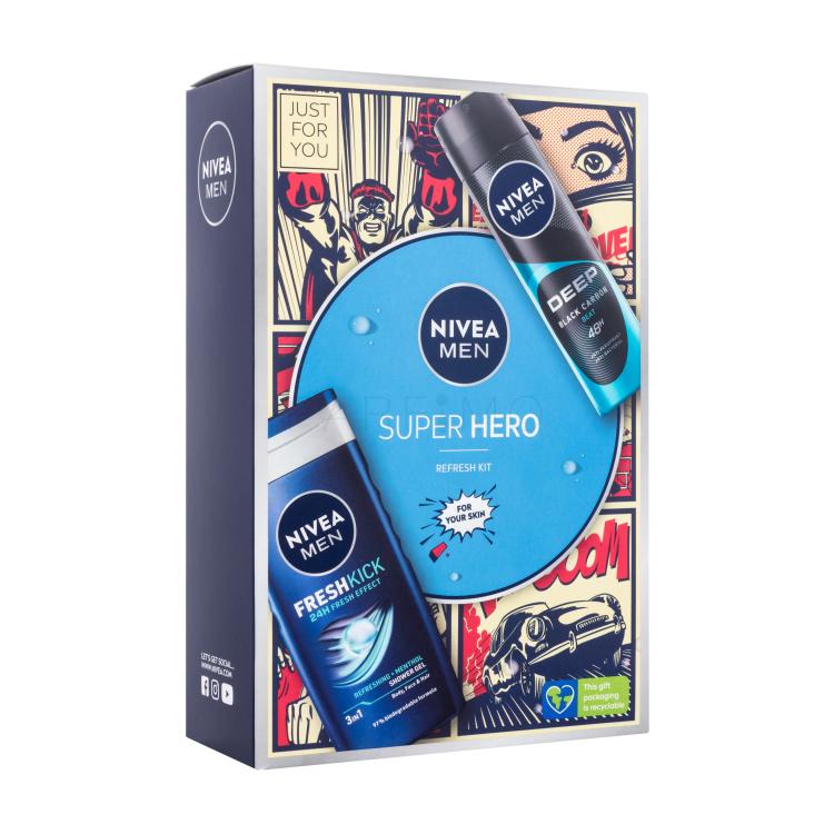 Nivea Men Super Hero Darilni set gel za prhanje Men Fresh Kick 250 ml + antiperspirant Men Deep Beat 150 ml
