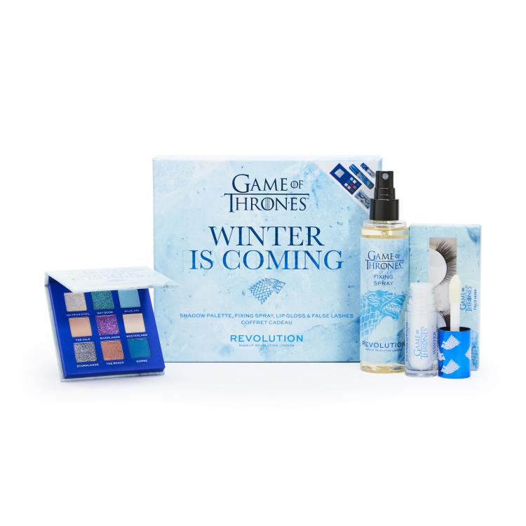 Makeup Revolution London X Game Of Thrones Darilni set paleta senčil za oči Game Of Thrones 7,2 g + fiksator za ličila Game Of Thrones 100 ml + umetne trepalnice Game Of Thrones 1 par + glos za ustnice Game Of Thrones Shimmer Bomb Lip Gloss 5 ml Winter Is Coming