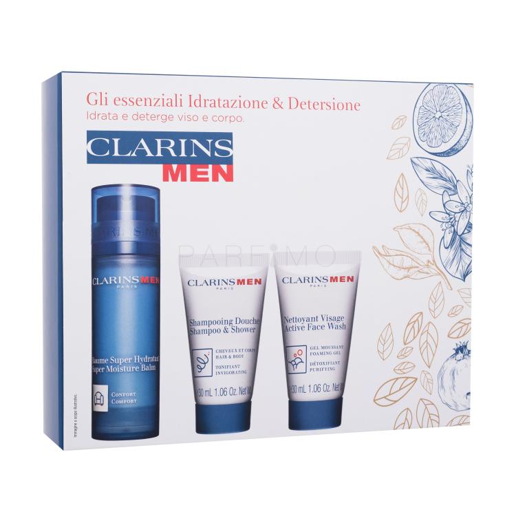 Clarins Men Hydration Essentials Darilni set balzam za obraz Men Super Moisture Balm 50 ml + šampon Men Shampoo &amp; Shower 30 ml + čistilni gel Men Active Face Wash 30 ml