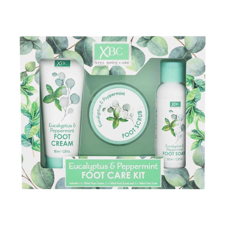 Xpel Eucalyptus &amp; Peppermint Foot Care Kit Darilni set krema za stopala Eucalyptus &amp; Peppermint Foot Cream 100 ml + kopel za stopala Eucalyptus &amp; Peppermint Foot Soak 100 ml + piling za stopala Eucalyptus &amp; Peppermint Foot Scrub 100 ml poškodovana škatla