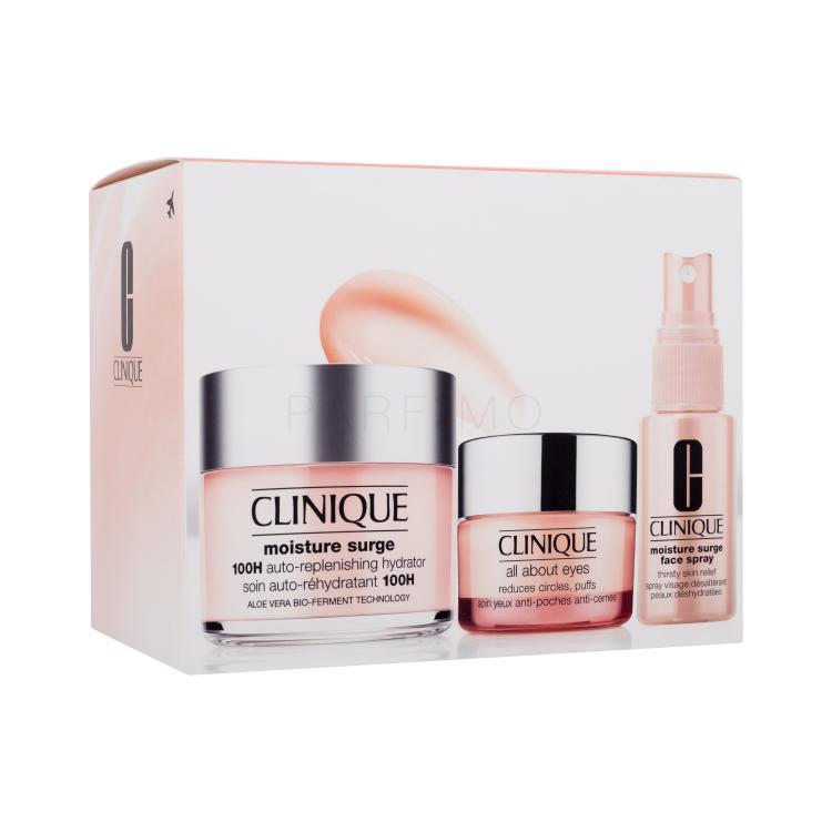 Clinique Moisture Surge Ultra Hydration Travel Exclusive Darilni set dnevna krema za obraz Moisture Surge 100H Auto-Replenishing Hydrator 125 ml + sprej za obraz Moisture Surge Face Spray Thirsty Skin Relief 30 ml + krema za okoli oči All About Eyes 15 ml