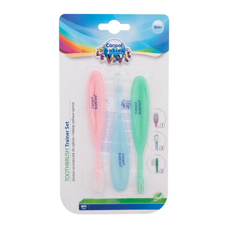 Canpol babies Baby Toothbrush Trainer Set Darilni set masažna ščetka 1 kos + gumijasta ščetka za čiščenje prvih zob 1 kos + zobna ščetka 1 kos