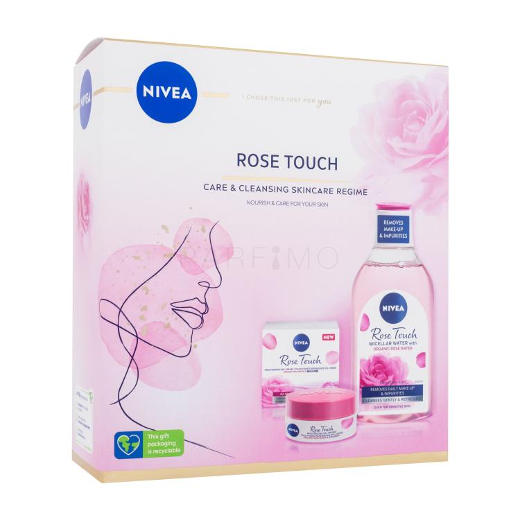 Nivea Rose Touch Care &amp; Cleansing Skincare Regime Darilni set dnevna gel-krema za obraz Rose Touch 50 ml + micelarna vodica Rose Touch 400 ml poškodovana škatla