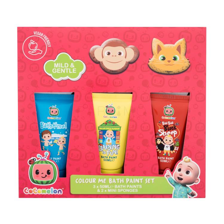 Cocomelon Colour Me Bath Paint Set Darilni set kopalna barva Bathtime! 50 ml + kopalna barva Learning is Fun! 50 ml + kopalna barva Black Sheep 50 ml + gobica za umivanje 2 kos poškodovana škatla