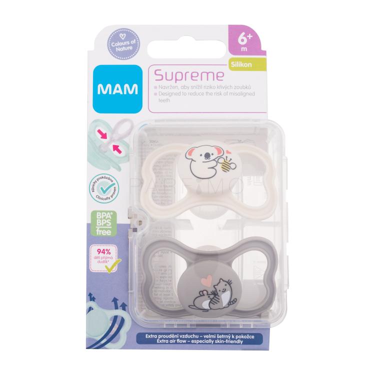 MAM Supreme Silicone Pacifier 6m+ White &amp; Grey Duda za otroke 2 kos