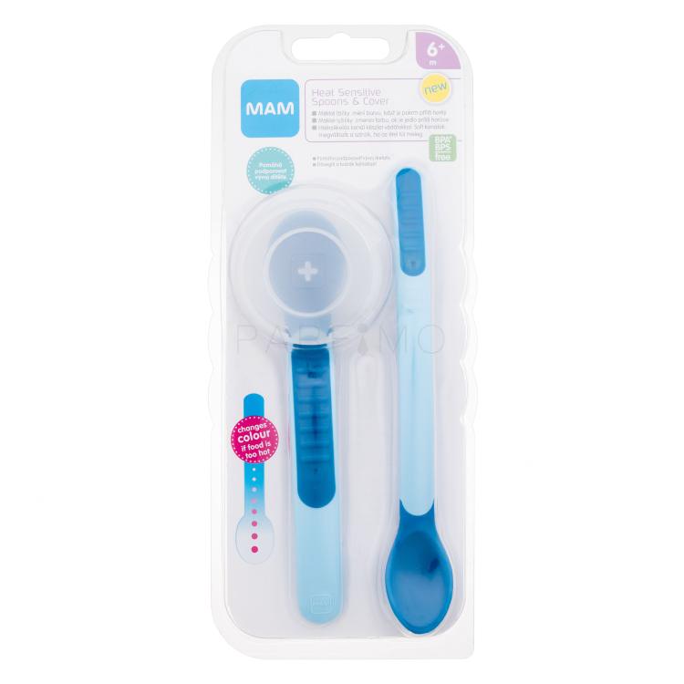 MAM Heat Sensitive Spoons &amp; Cover 6m+ Blue Posodica za otroke Set