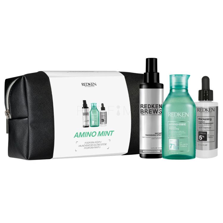 Redken Amino-Mint Shampoo Darilni set šampon Amino-Mint Shampoo 300 ml + sprej za lase Brews Instant Thickening Spray 125 ml + nega za lase Thickening Treatment 90 ml + kozmetična torbica