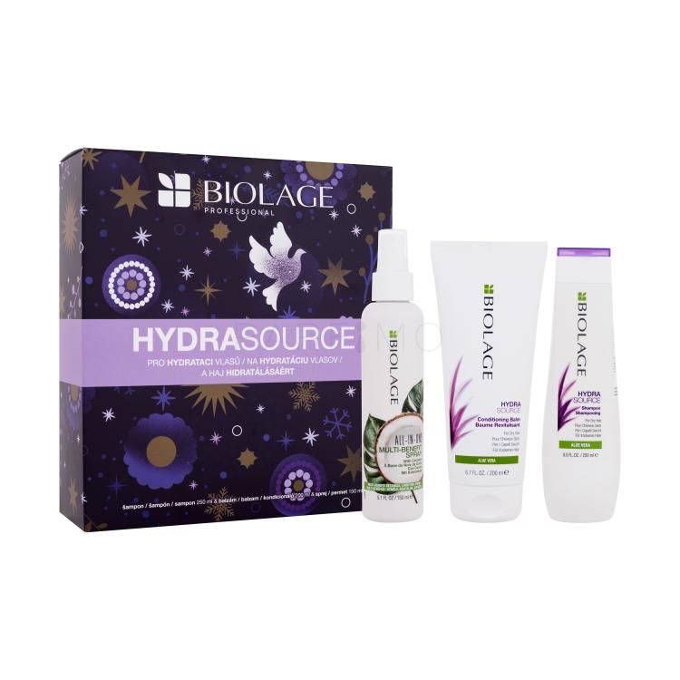 Biolage Hydra Source Darilni set šampon Hydra Source Shampoo 250 ml + balzam za lase Hydra Source Conditioner 200 ml + sprej za lase All-In-One Coconut Infusion 150 ml