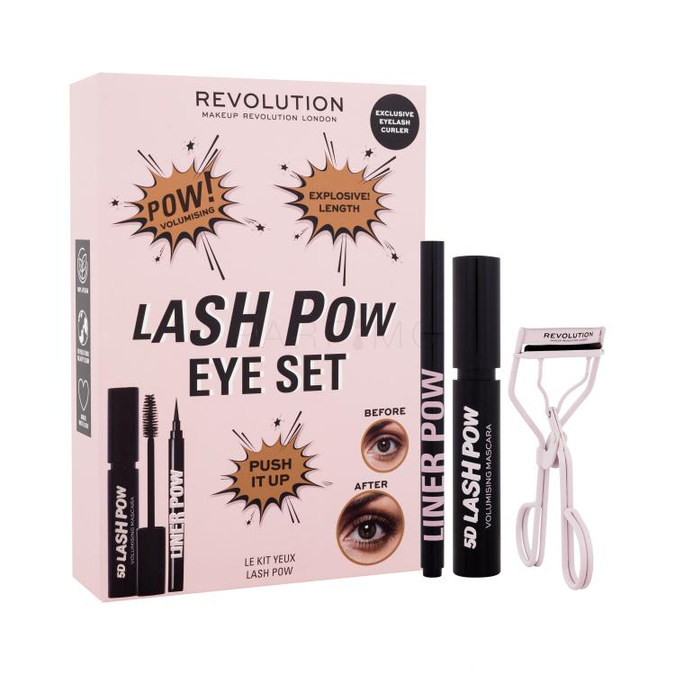 Makeup Revolution London Lash Pow Eye Set Darilni set maskara 5D Lash Pow Mascara 12,2 ml + črtalo za oči Liner Pow 0,5 ml Black + klešče za trepalnice poškodovana škatla