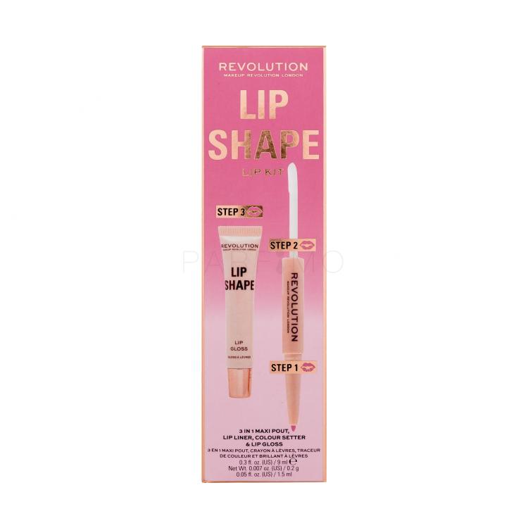 Makeup Revolution London Lip Shape Darilni set glos za ustnice Lip Shape Lip Gloss 9 ml + črtalo za ustnice in fiksator šminke 2 In 1 Lip Liner &amp; Colour Setter 1,7 ml