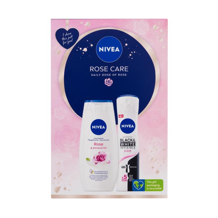 Nivea Rose Care Darilni set gel za prhanje Rose &amp; Almond Oil 250 ml + antiperspirant Black &amp; White Invisible Clear 150 ml