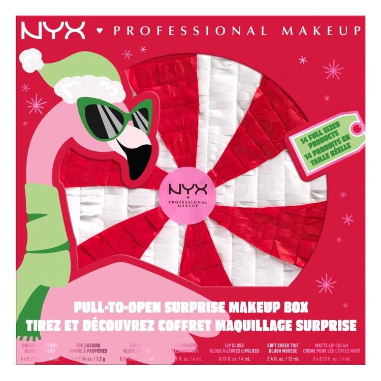 NYX Professional Makeup Fa La La L.A. Land Pull-To-Open Surprise Makeup Box Darilni set glos za ustnice 5 kos + šminka 3 kos + rdečilo 1 kos + olje za ustnice 1 kos + osvetljevalec 1 kos + paletka senčil za oči + aplikator za ličenje 1 kos + pilica za nohte 1 kos