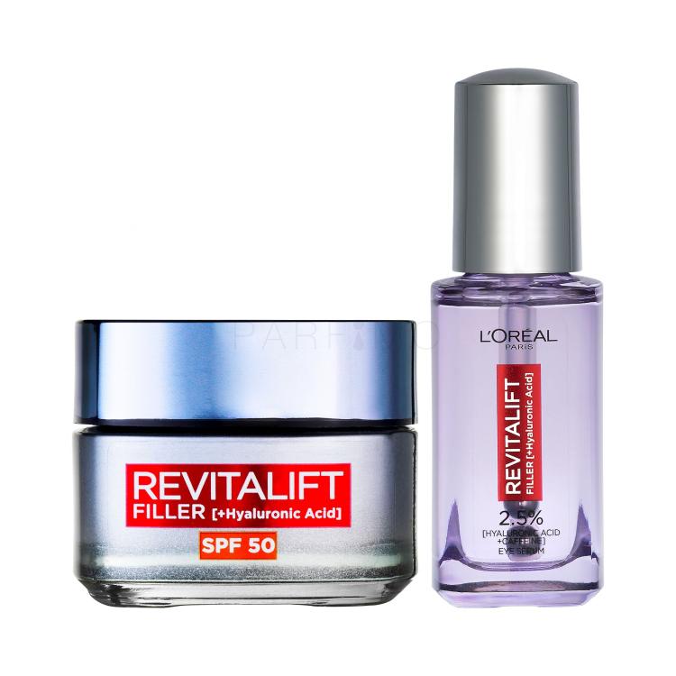 Set Dnevna krema za obraz L&#039;Oréal Paris Revitalift Filler HA SPF50 + Serum za področje okoli oči L&#039;Oréal Paris Revitalift Filler HA 2,5%