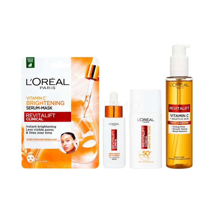 Set Čistilna pena L&#039;Oréal Paris Revitalift Clinical Vitamin C + Salicylic Acid Cleanser + Maska za obraz L&#039;Oréal Paris Revitalift Clinical Vitamin C Brightening Serum-Mask + Serum za obraz L&#039;Oréal Paris Revitalift Clinical Pure 12% Vitamin C + Dnevna krema za obraz L&#039;Oréal Paris Revitalift Clinical 