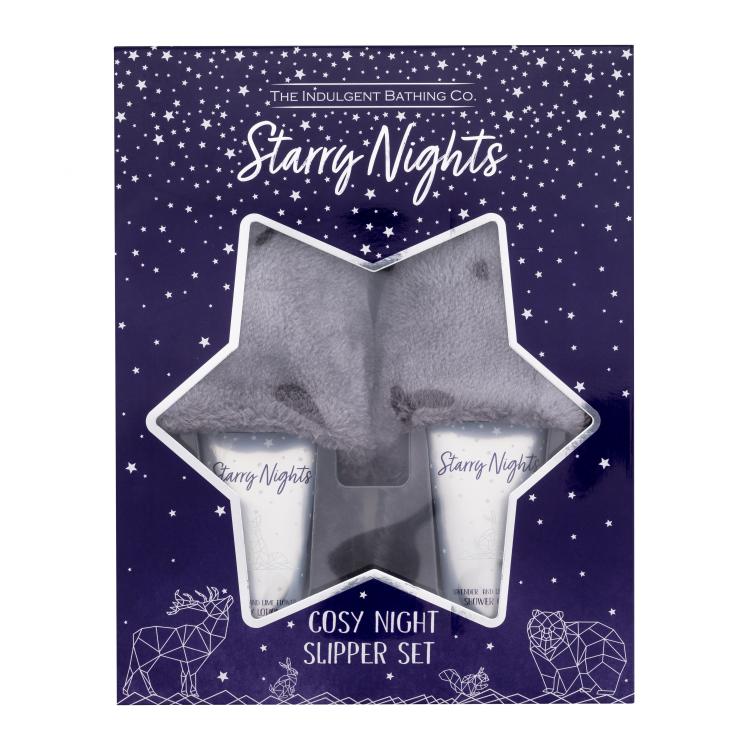 The Indulgent Bathing Co. Starry Nights Cosy Night Slipper Set Darilni set losjon za telo Lavender And Lime Flower Body Lotion 100 ml + krema za prhanje Lavender And Lime Flower Shower Cream 100 ml + plišasti copati Luxury Fluffy Slippers M/L 1 par