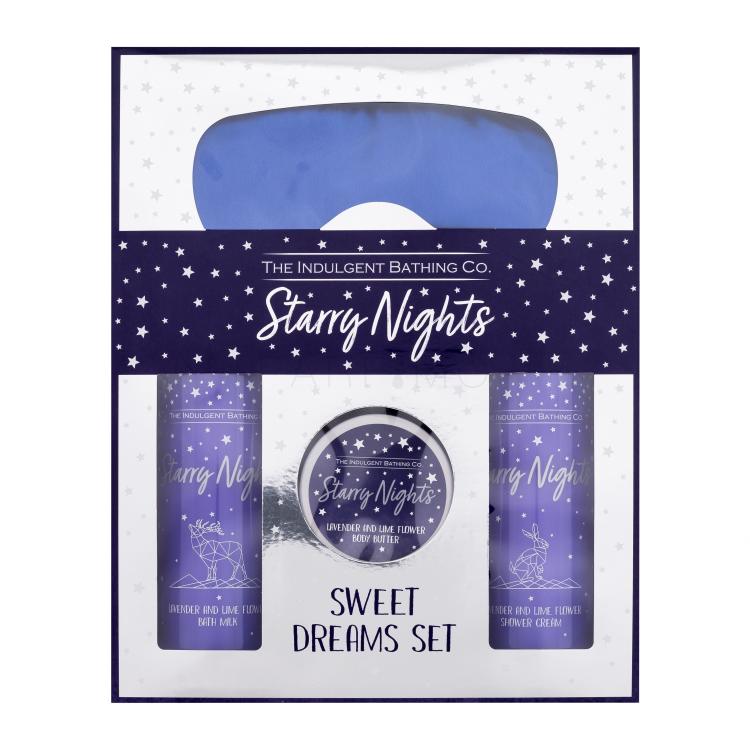 The Indulgent Bathing Co. Starry Nights Sweet Dreams Set Darilni set krema za prhanje Lavender And Lime Flower Shower Cream 300 ml + mleko za kopel Lavender And Lime Flower Bath Milk 300 ml + maslo za telo Lavender And Lime Flower Body Butter 100 ml + spalna maska Satin Sleep Mask 1 kos