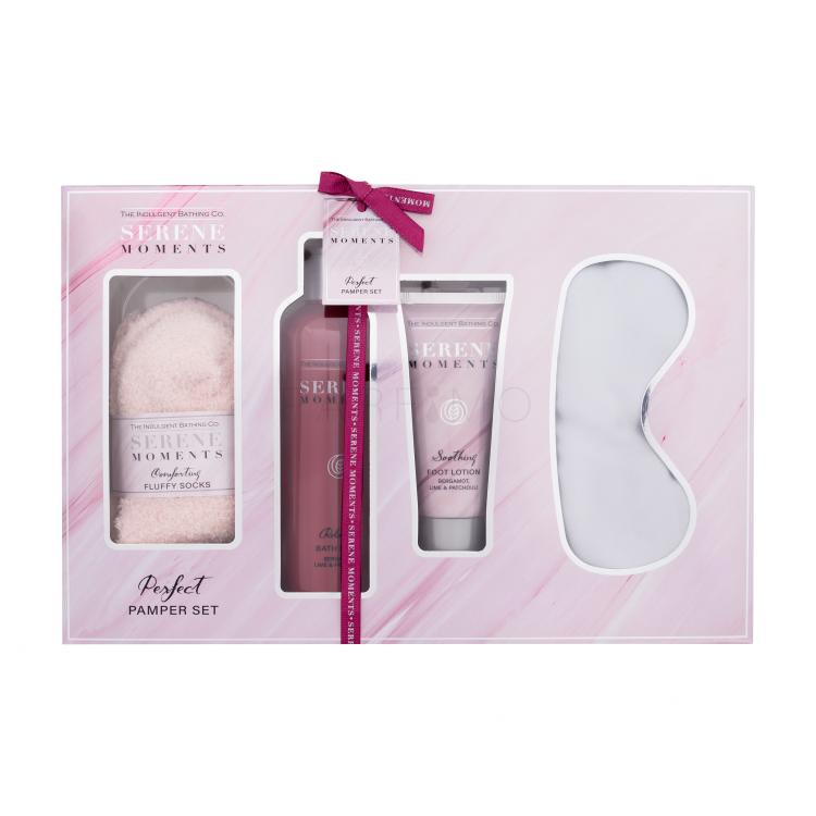 The Indulgent Bathing Co. Serene Moments Perfect Pamper Set Darilni set pena za kopel Relaxing Bath Foam Bergamot, Lime &amp; Patchouli 300 ml + krema za stopala Soothing Foot Lotion Bergamot, Lime &amp; Patchouli 100 ml + spalna maska Satin Sleep Mask 1 kos + nogavice Luxury Socks 1 par