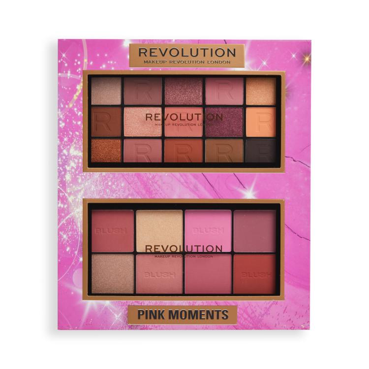 Makeup Revolution London Pink Moments Face &amp; Eye Gift Set Darilni set paletka rdečil in osvetljevalcev Blush Palette 16 g Lover + paletka senčil za oči Reloaded Eyeshadows Palette 16,5 g Romance