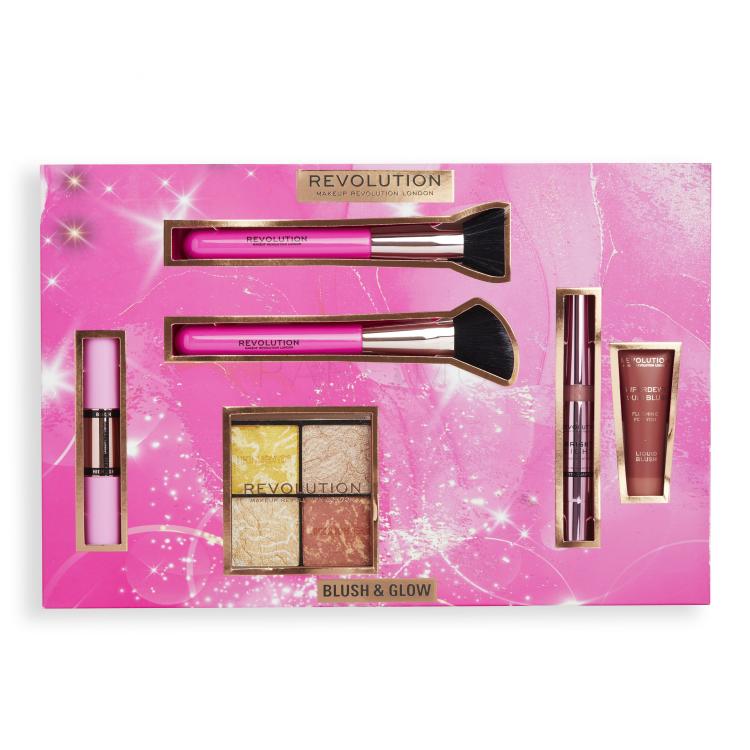 Makeup Revolution London Blush &amp; Glow Gift Set Darilni set paletka osvetljevalcev Highlighter Quad 9,6 g Make It Count + osvetljevalec Bright Light Highlighter 3 ml Divine Dark Pink + kozmetični čopič 2 kos + rdečilo Superdewy Liquid Blush 15 ml Flushing For You + rdečilo in osvetljevalec Fast Base 