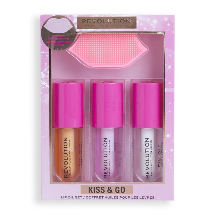 Makeup Revolution London Kiss &amp; Go Lip Oil Set Darilni set olje za ustnice Lip Oil Honey 4,5 ml + olje za ustnice Lip Oil Peach Pink 4,5 ml + olje za ustnice Lip Oil Watermelon 4,5 ml + krtačka za piling ustnic 1 kos