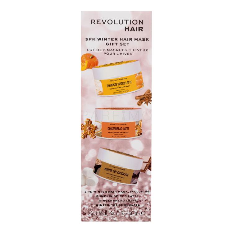 Revolution Haircare London Winter Hair Mask Gift Set Darilni set maska za lase Pumpkin Spiced Latte Conditioning Hair Mask 50 ml + maska za lase Gingerbead Latte Moisturising Hair Mask 50 ml + maska za lase Winter Hot Chocolate Nourishing Hair Mask 50 ml