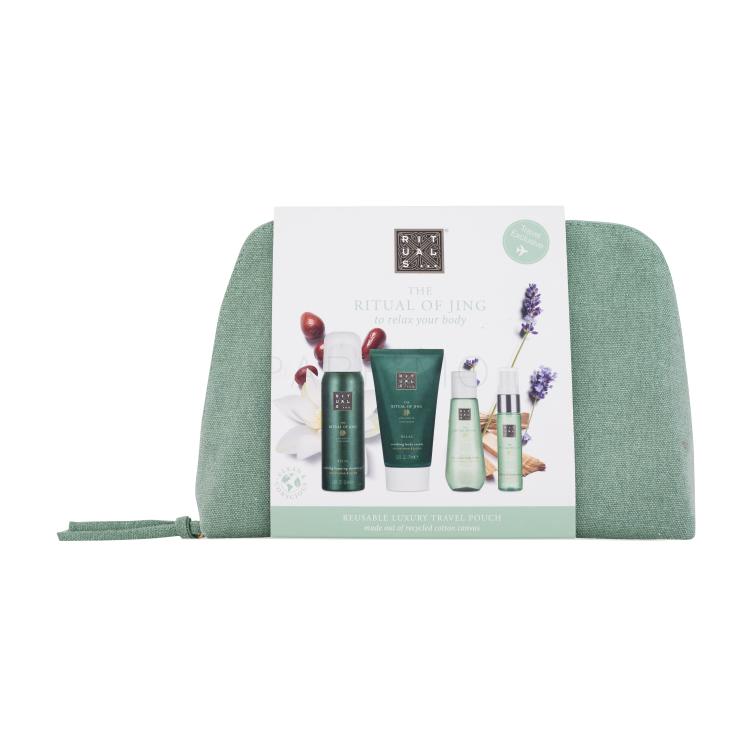 Rituals The Ritual Of Jing Reusable Luxury Travel Pouch Darilni set krema za telo The Ritual Of Jing 70 ml + pena za prhanje The Ritual Of Jing 50 ml + olje za telo in lase The Ritual Of Jing 50 ml + dišeči sprej za telo in tekstil The Ritual Of Jing 20 ml + kozmetična torbica