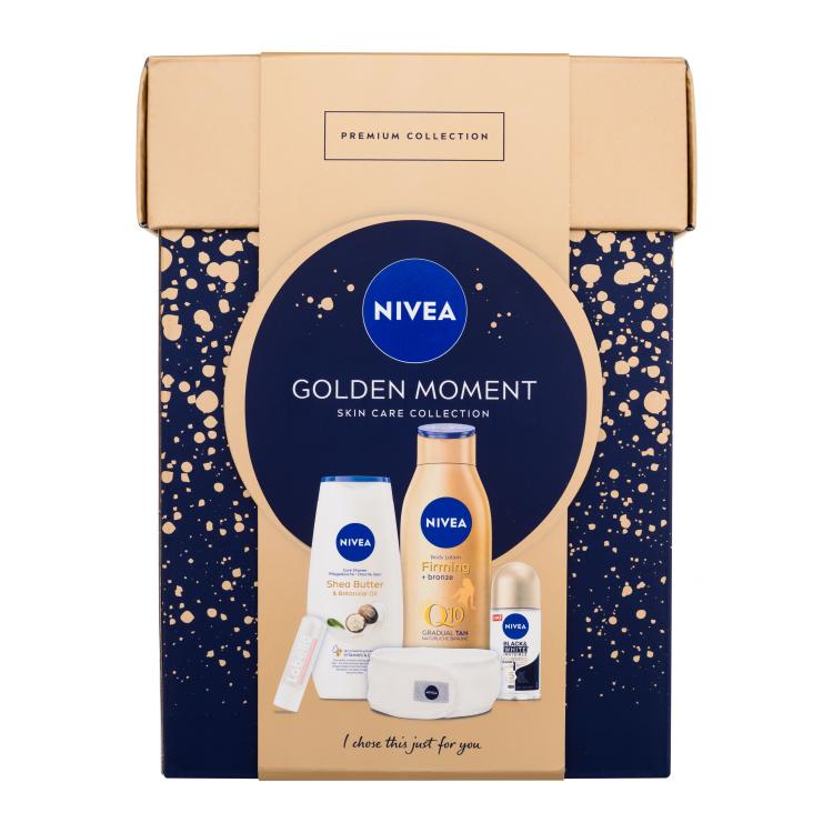 Nivea Golden Moment Darilni set losjon za telo Q10 Firming Bronze 400 ml + gel za prhanje Shea Butter &amp; Botanical Oil 250 ml + antiperspirant roll-on Black &amp; White Invisible Silky Smooth 50 ml + balzam za ustnice Labello Hyaluron Rosé 4,8 g + kozmetični naglavni trak poškodovana škatla