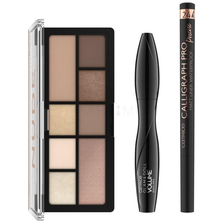 Catrice The Pure Glam Eye Set Darilni set paletka senčil za obraz The Pure Nude Eyeshadow Palette 9 g + maskara Glam &amp; Doll Volume Mascara 10 ml 010 + črtalo za oči Calligraph Pro Precise 24H Matt Liner Waterproof 1,2 ml 010 Black Intense