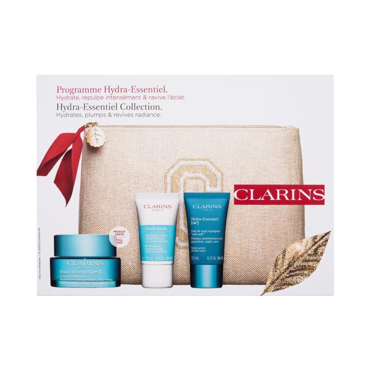 Clarins Hydra-Essentiel [HA²] Collection Darilni set krema za obraz Hydra-Essentiel [HA2] Silky Cream 50 ml + piling za obraz Fresh Scrub 15 ml + nočna krema Hydra-Essentiel [HA2] Night Care 15 ml + ekološka kozmetična torbica