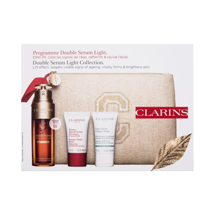 Clarins Double Serum Light Collection Darilni set serum za obraz Double Serum Light Texture 50 ml + balzam za obraz Beauty Flash Balm 15 ml + kremna maska za obraz Cryo-Flash Cream-Mask 15 ml + ekološka kozmetična torbica