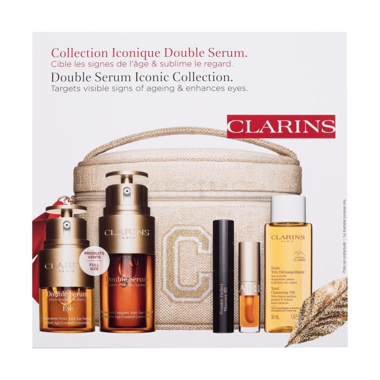 Clarins Double Serum Iconic Collection Darilni set serum za obraz Double Serum Complete Age Control Concentrate 30 ml + serum za okoli oči Double Serum Eye 20 ml + maskara Wonder Perfect Mascara 4D 3 ml 01 Perfect Black + olje za ustnice Lip Comfort Oil 1,4 ml 01 Honey + olje za odstranjevanje ličil