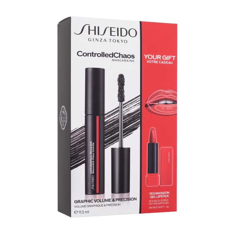 Shiseido ControlledChaos MascaraInk Darilni set maskara ControlledChaos MascaraInk 11,5 ml +  šminka TechnoSatin Gel Lipstick 2 g 416 Red Shift