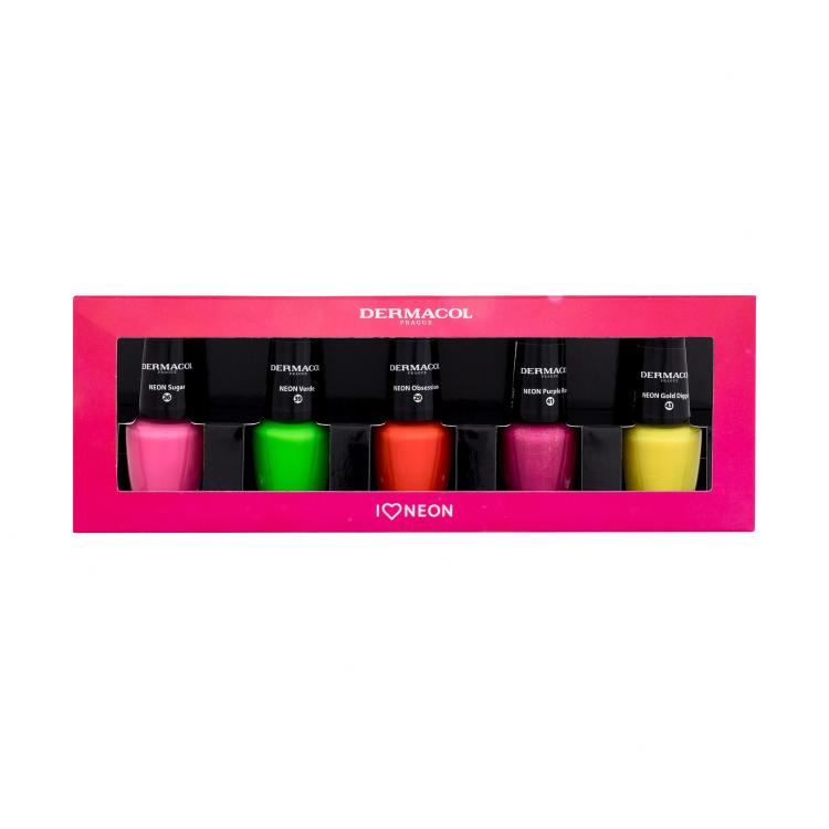 Dermacol Neon Nail Polish Set Darilni set lak za nohte Neon Sugar 26 5 ml + lak za nohte Neon Verde 39 5 ml + lak za nohte Neon Obsession 29 5 ml + lak za nohte Neon Purple Rain 41 5 ml + lak za nohte Neon Gold Digger 43 5 ml