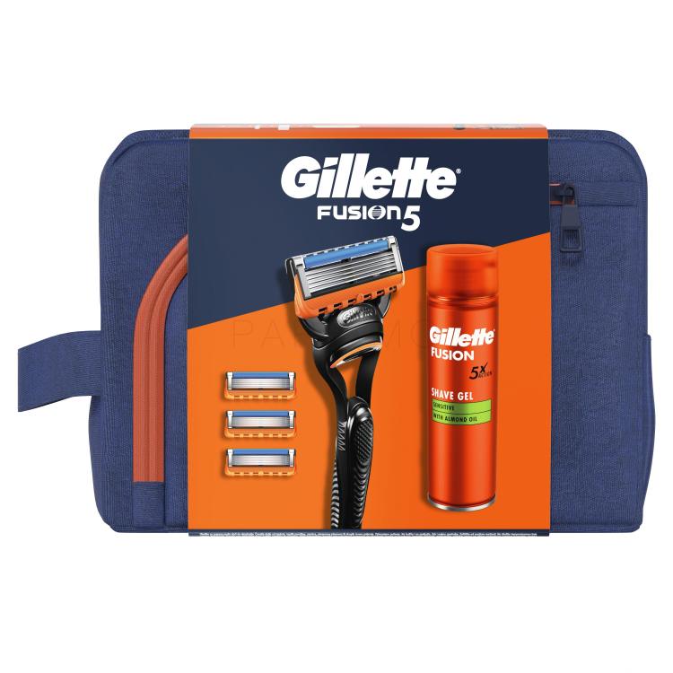 Gillette Fusion5 Darilni set brivnik Fusion5 1 kos + nadomestne britvice Fusion5 3 kos + gel za britje Fusion Shave Gel Sensitive 200 ml + kozmetična torbica