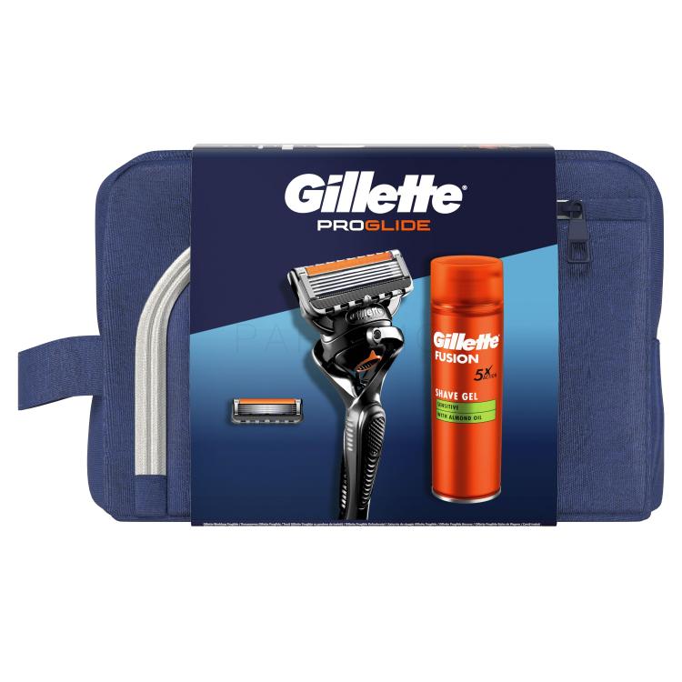 Gillette ProGlide Darilni set brivnik Proglide 1 kos + nadomestne britvice Proglide 1 kos + gel za britje Fusion Shave Gel Sensitive 200 ml + kozmetična torbica