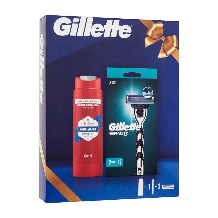 Gillette Mach3 Darilni set brivnik 1 kos + nadomestne britvice 1 kos + gel za prhanje in šampon Old Spice Whitewater 3in1 250 ml