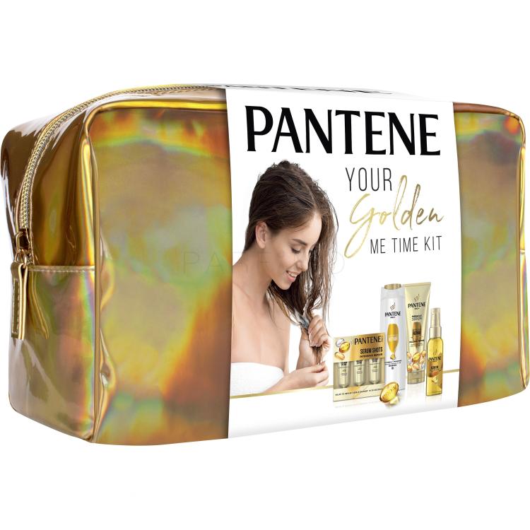 Pantene PRO-V Your Golden Me Time Kit Darilni set šampon Intensive Repair 250 ml + balzam Intensive Repair 200 ml + olje za lase Keratin Protect Oil 100 ml + intenzivna nega za lase Serum Shots Intensive Repair 3x15 ml + kozmetična torbica