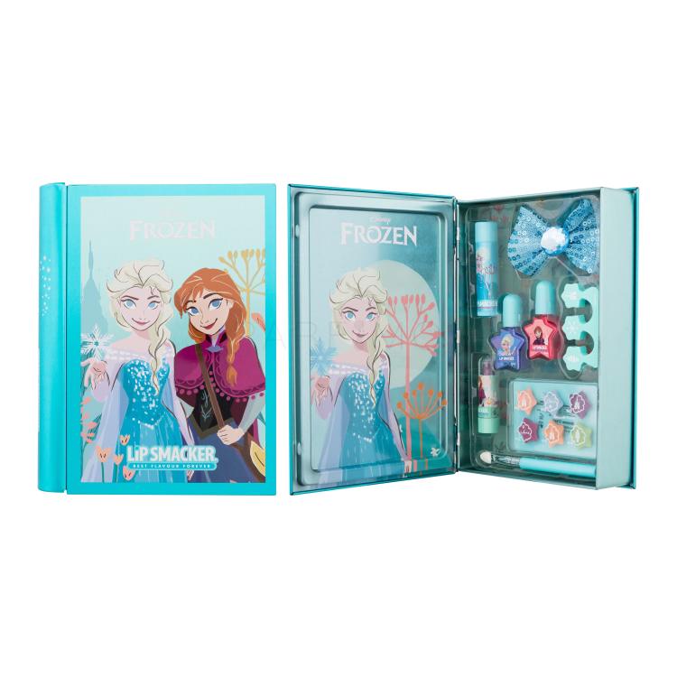 Lip Smacker Disney Frozen Magic Book Tin Darilni set balzam za ustnice 3,4 g + osvetljevalna krema 6 x 0,25 g + lak za nohte 2 x 4,25 ml + šminka 1,25 g + aplikator + sponka za lase + ločevalnik za prste + pločevinasta škatla