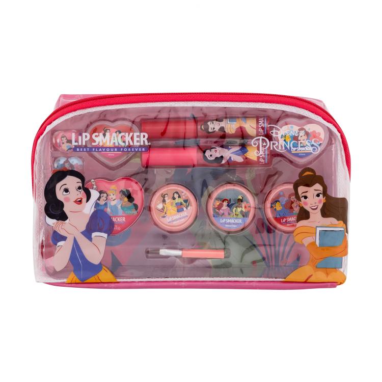 Lip Smacker Disney Princess Essential Makeup Bag Darilni set glos za ustnice  2 x 2 ml + kremni glos za ustnice 2 x 0,8 g + osvetljevalna krema 3 x 1,6 g + prstan 2 kos + obesek + aplikator + kozmetična torbica