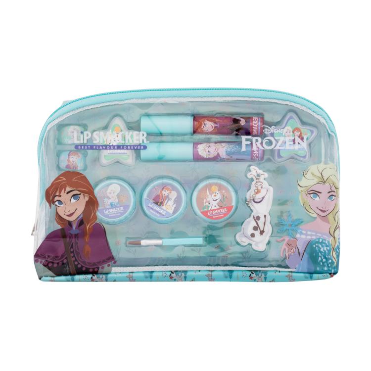 Lip Smacker Disney Frozen Essential Makeup Bag Darilni set glos za ustnice 2 x 2 ml + kremni glos za ustnice 2 x 1,6 g + osvetljevalna krema 3 x 1,6 g + prstan 2 kos + obesek + aplikator + kozmetična torbica