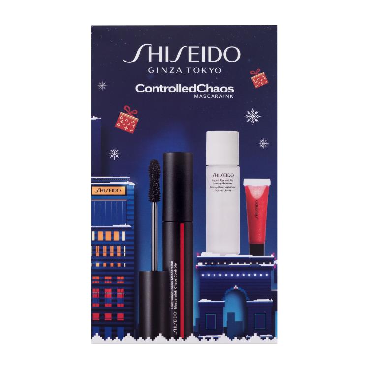 Shiseido ControlledChaos MascaraInk Darilni set maskara ControlledChaos MascaraInk 11,5 ml + odstranjevalec ličil Instant Eye and Lip Makeup Remover 30 ml + glos za ustnice Shimmer GelGloss 2 ml 07 Shin-Ku Red