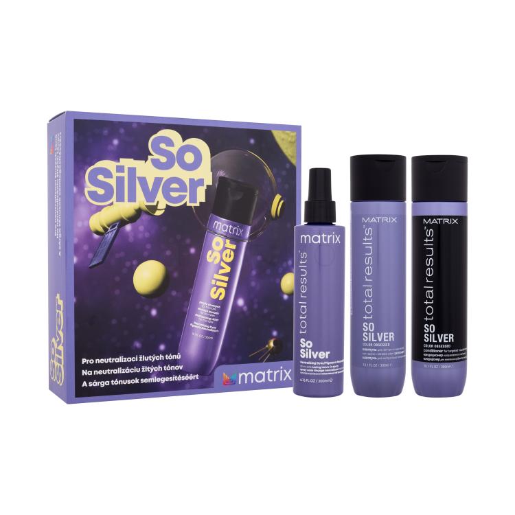 Matrix So Silver Darilni set šampon So Silver Purple Shampoo 300 ml + balzam So Silver Conditioner 300 ml + nega brez izpiranja za lase So Silver Neutralizing Dyes 200 ml poškodovana škatla