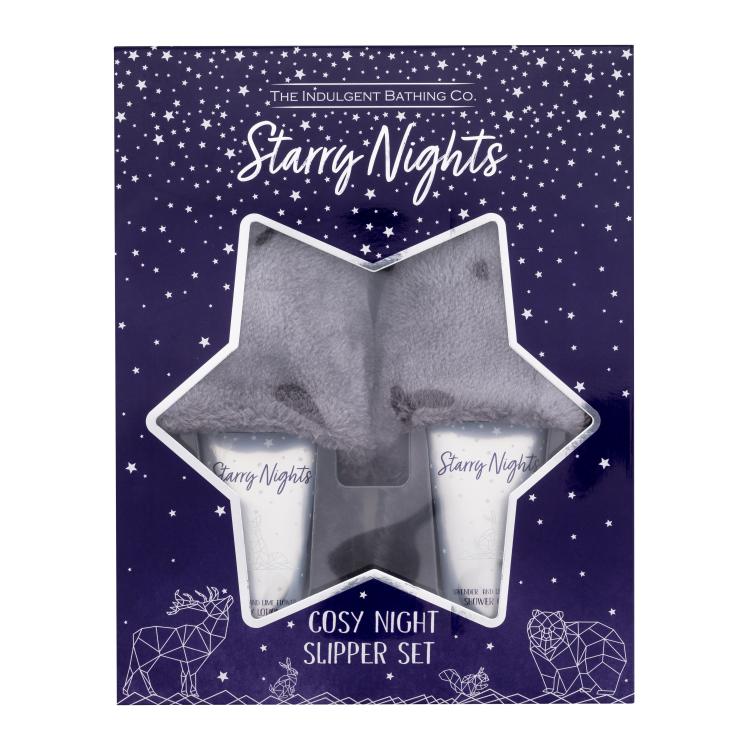 The Indulgent Bathing Co. Starry Nights Cosy Night Slipper Set Darilni set losjon za telo Lavender And Lime Flower Body Lotion 100 ml + krema za prhanje  Lavender And Lime Flower Shower Cream 100 ml + plišasti copati Luxury Fluffy Slippers M/L 1 par poškodovana škatla