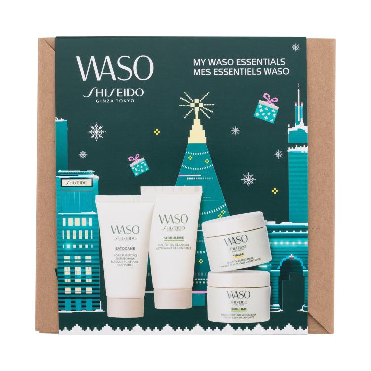 Shiseido Waso My Waso Essentials Darilni set čistilni gel Shikulime Gel-To-Oil Cleanser 30 ml + vlažilna krema Shikulime Mega Hydrating Moisturizer 15 ml + piling maska Satocane Pore Purifyting Scrub Mask 30 ml + nočna maska za obraz Yuzu-C Beauty Sleeping Mask 15 ml