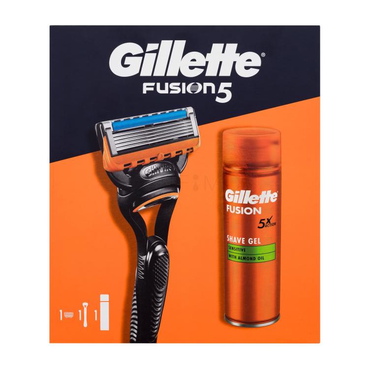 Gillette Fusion5 Darilni set brivnik Fusion5 1 kos + gel za britje Fusion Shave Gel Sensitive 200 ml poškodovana škatla